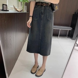 大码女装胖妹妹mm复古大口袋牛仔裙秋季宽松显瘦开叉半身裙200斤