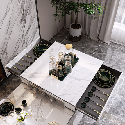 轻奢岩板岛台餐桌一体可伸缩家用开放式厨房中岛台多功能茶桌吧台