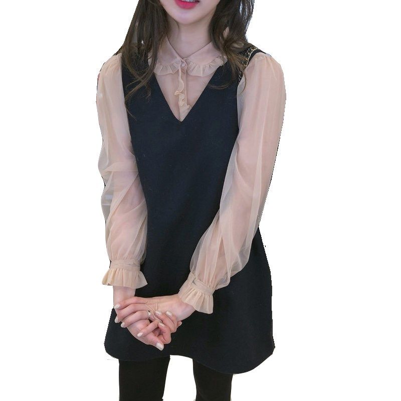 秋冬宽松黑色罗马棉V领无袖外搭马甲背心裙中长款A字连衣裙子女装