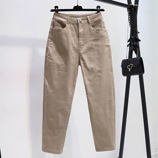 卡其色老爹牛仔裤女爆款2026夏季薄款高腰宽松显瘦遮肉九分哈伦裤