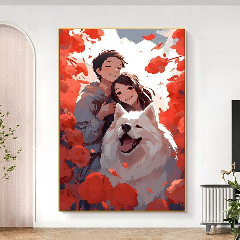 萨摩耶卡通可爱狗狗装饰画沙发背景墙画创意动物挂画儿童玄关房画