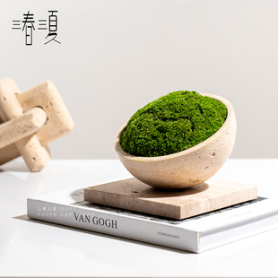 高级感大理石黄洞石花瓶永生苔藓侘寂风桌面酒店大堂洽谈花艺摆件