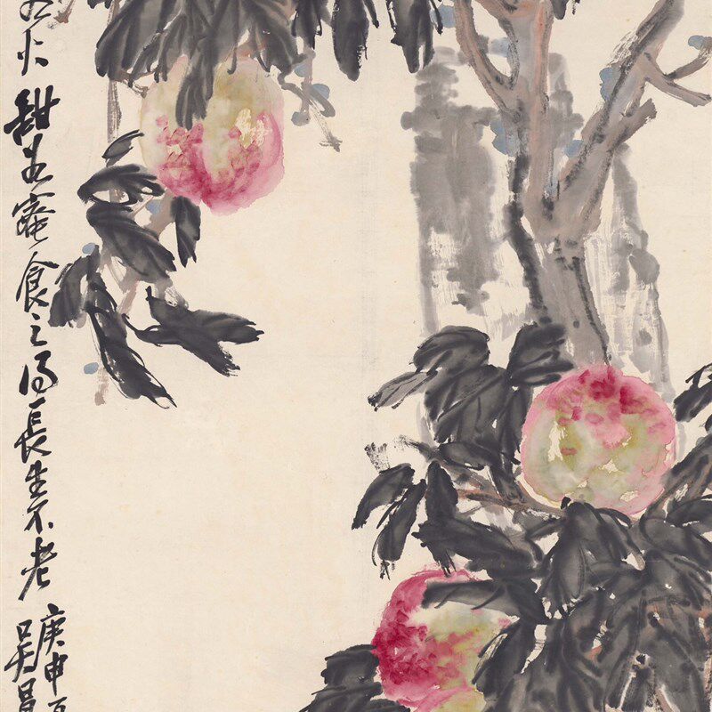 吴昌硕寿桃图水墨国画原色原尺寸高清艺术微喷1:1高清国画装饰画