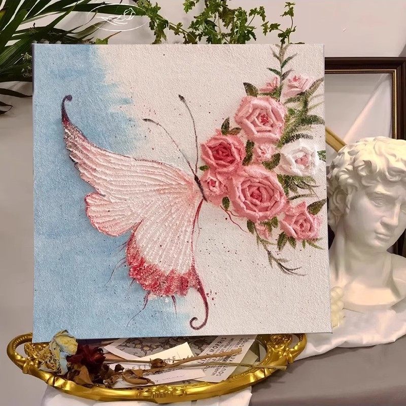 肌理画DIY材料包全套蝴蝶玫瑰石英砂丙烯手工绘高级感装饰挂沙画,家居饰品,DIY/数字油画,淘宝优惠券,粉丝福利购,淘宝优惠卷