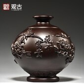 黑檀木雕花开富贵花瓶摆件喜上眉梢客厅插花装 饰家居实木质工艺品