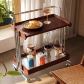 CABTE可移动边几茶几实木小推车客厅卧室中古风沙发边柜餐边柜子