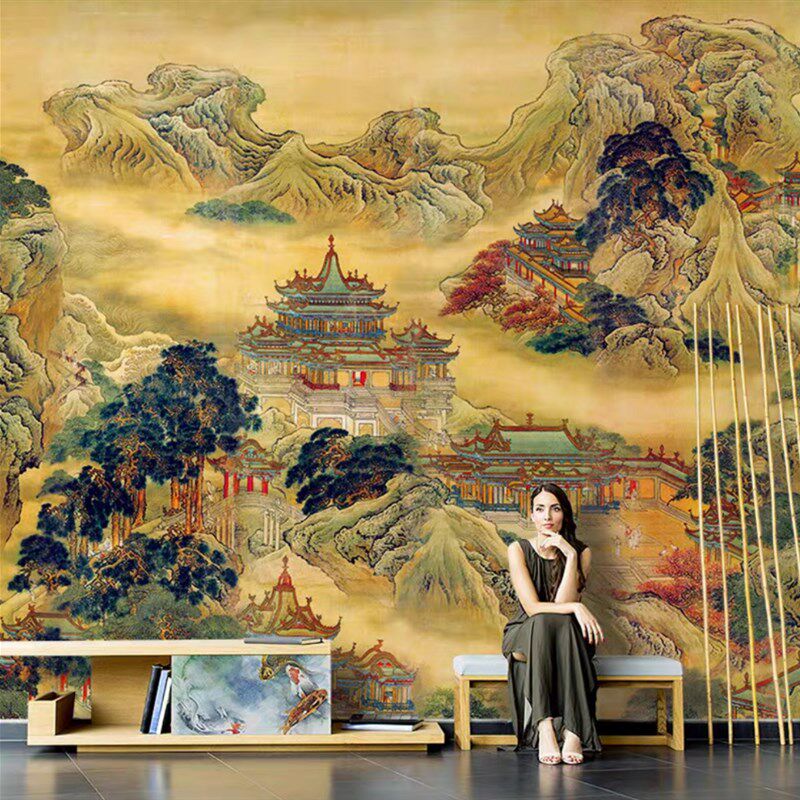 金色祥云墙布电视墙餐厅大堂佛堂沙发墙蓬莱仙境山水背景墙FJ9998