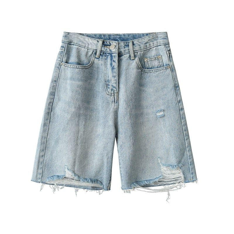 大码女装胖妹妹mm破洞牛仔短裤夏季宽松显瘦毛边阔腿五分裤200斤