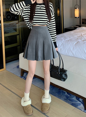 灰色百褶裙女秋冬百搭显瘦高腰包臀A字短裙甜美jk半身裙微胖大码