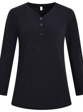 纯棉打底衫女装2024春秋季新款妈妈内搭长袖t恤大码黑色v领上衣服