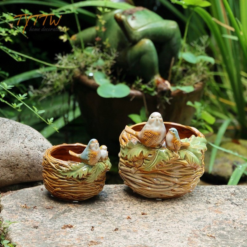 田园陶瓷家居饰品绿叶小鸟釉面装饰盘花园水培花盆桌面笔筒收纳盆,家居饰品,装饰摆件,淘宝优惠券,粉丝福利购,淘宝优惠卷