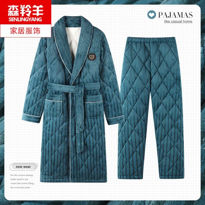 睡袍男士冬季加厚中长款珊瑚绒夹棉加绒保暖冬天浴袍睡衣睡裤套装