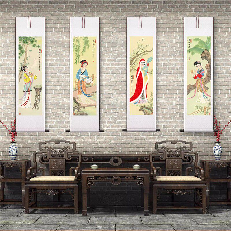 复古四条屏山水花卉人物茶室客厅书房高清装饰卷轴挂画