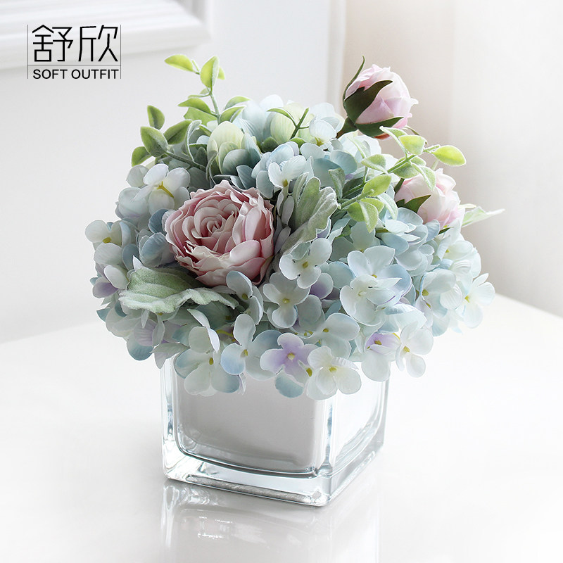仿真花假花绢花玫瑰绣球花玻璃瓶套装组合客厅卧室办公室家居摆件