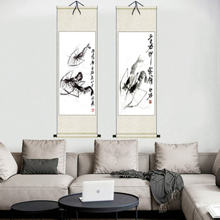 齐白石花鸟画虾图 水墨虾 花鸟画装饰画国画绢画菊花荷花挂画布画