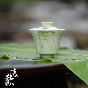 小苍翠手绘竹子陶瓷盖碗 功夫茶具家用泡碗 清新风格泡茶碗茶杯