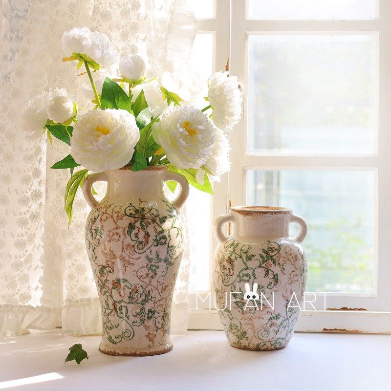 欧式复古双耳绿藤陶瓷花瓶手绘水培干花插花瓶摆件家居客厅装饰品,家居饰品,花瓶,淘宝优惠券,粉丝福利购,淘宝优惠卷