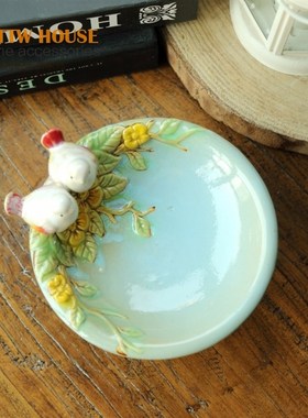 美式乡村 陶瓷釉面 浅蓝色对鸟花朵摆件 果盘肥皂摆件