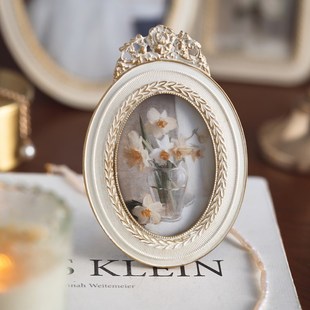 法式复古画框相框白色做旧雕花树脂画框桌面摆件金边装饰小相框