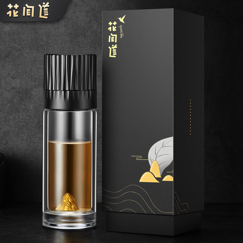 花间道茶水分离泡茶杯双层玻璃杯男士水晶商务过滤银茶水杯子