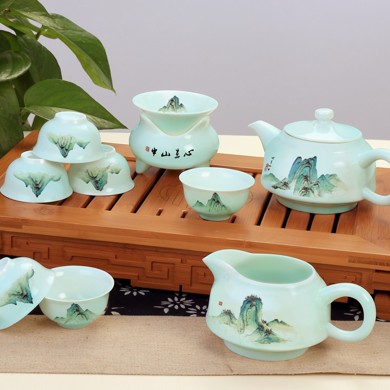 抗菌海瓷 易清洗活水茶具茶杯茶壶茶碗青瓷10头礼盒套装厂家直营