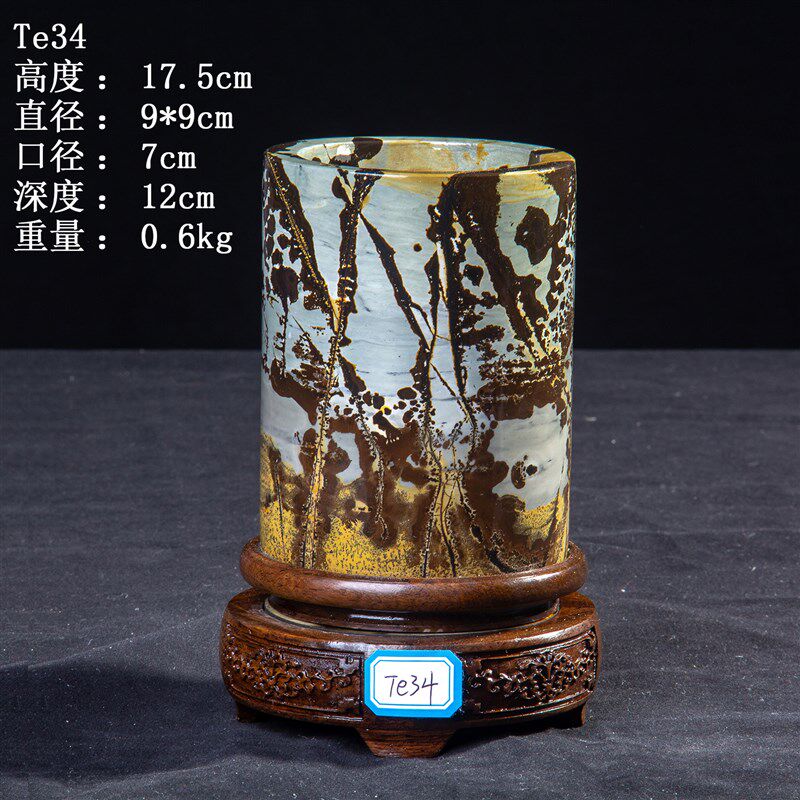 内有多款草花石国画石奇石工艺品黑檀木旋转底座矮圆柱笔筒圆珠笔