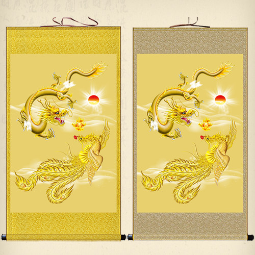 龙凤呈祥卷轴画办公室客厅玄关装饰画竖款龙凤戏珠龙飞凤舞挂画