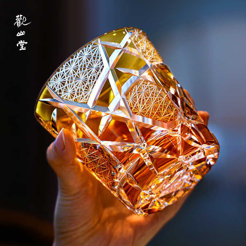 观山堂手工刻花威士忌酒杯无铅玻璃洋酒杯琥珀金闪电纹江户切子杯