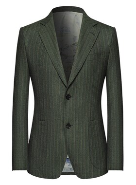 本派羊毛西装男套装高级感意大利风格墨绿色条纹半麻衬手工西服男
