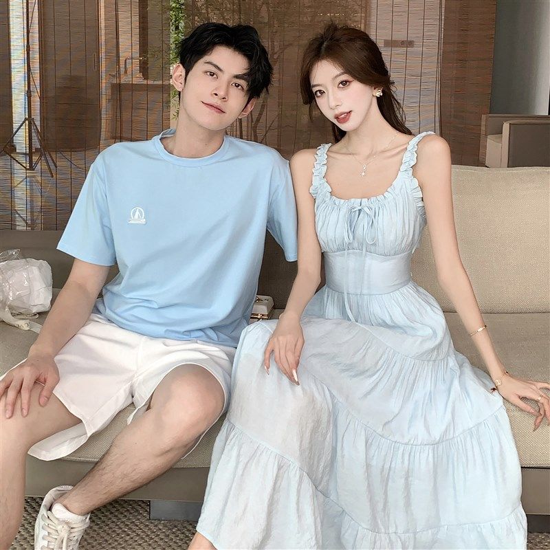 沙滩情侣装2024夏天温柔海边男T恤女无袖吊带中长连衣裙,女装/女士精品,连衣裙,淘宝优惠券,粉丝福利购,淘宝优惠卷