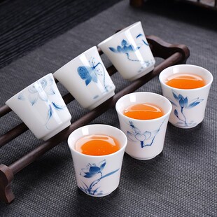 问谦堂国风釉下彩手绘小茶杯主人杯功夫茶具小茶碗套装羊脂玉白瓷
