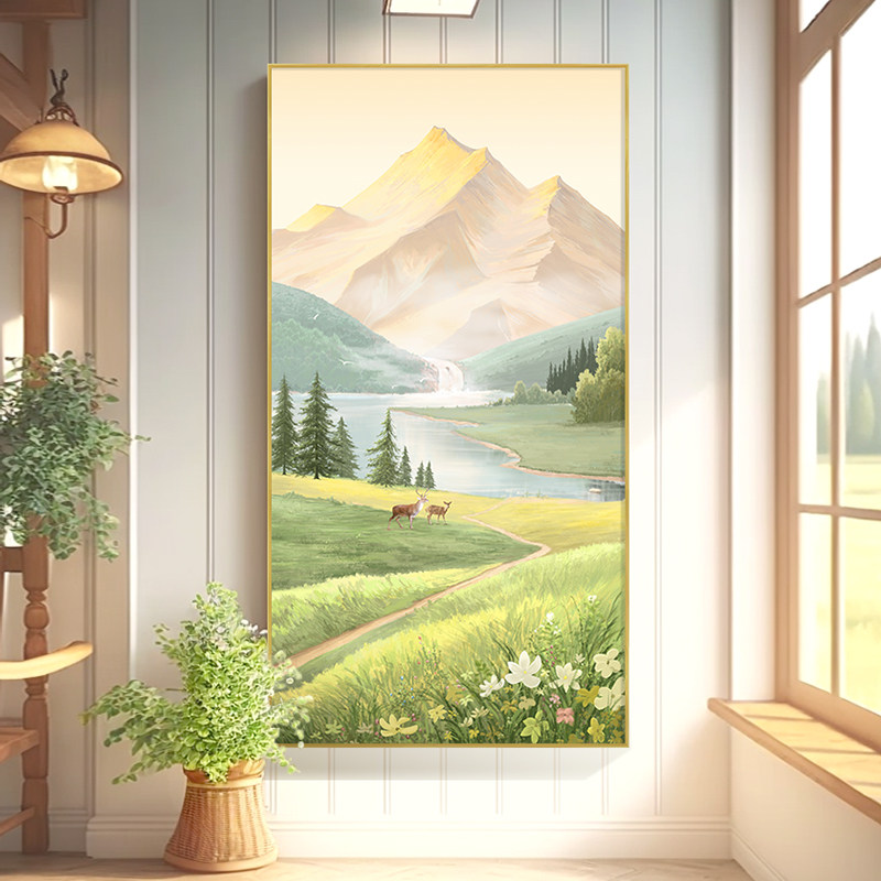 山水画玄关装饰画日照金山入户走廊过道挂画大芬村油画风景壁画