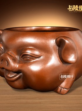 紫铜烟灰缸摆件铜开口笑猪装饰品客厅办公室家居茶几桌面创意烟缸