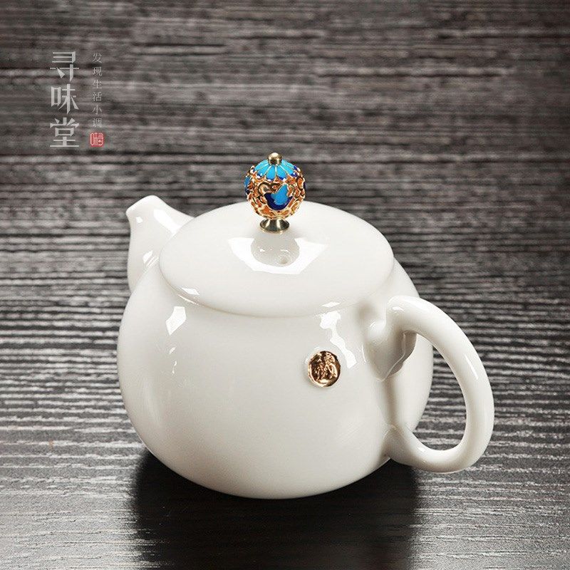 羊脂玉瓷堆金小茶壶高档白瓷马蹄壶唐月窑中式家用功夫茶具单壶