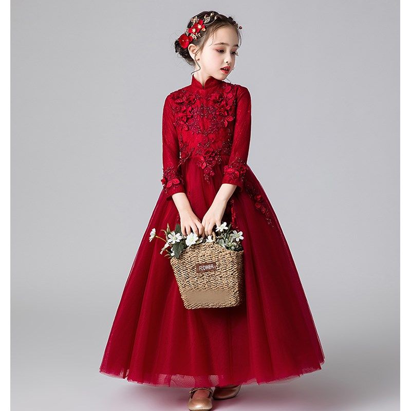 女童礼服主持人生日钢琴公主裙花童婚纱儿童红色气质演出服秋冬季