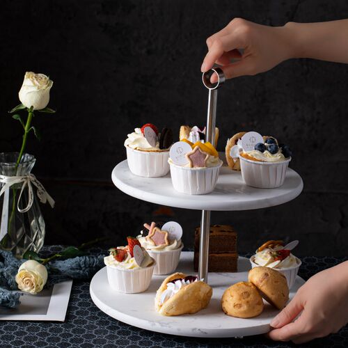 大理石客厅茶几家用糖果零食盘甜品台水果盘拍摄双层大号下茶点心