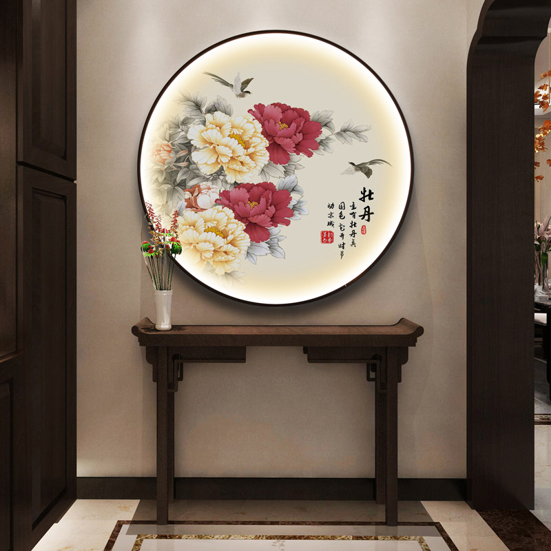 圆形牡丹装饰画LED带灯发光壁画中式客厅走廊玄关沙发背景墙挂画