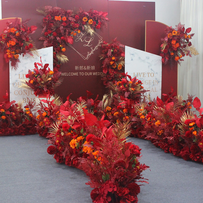 婚庆仿真花艺舞台迎宾区t台装饰红金色地排花路引花点花花排中式