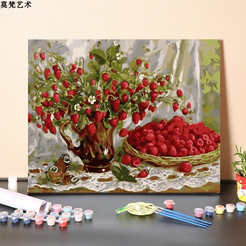 数字油画diy填充手工草莓花篮赏心悦目挂画填色手绘装饰油彩画画 - 实物图