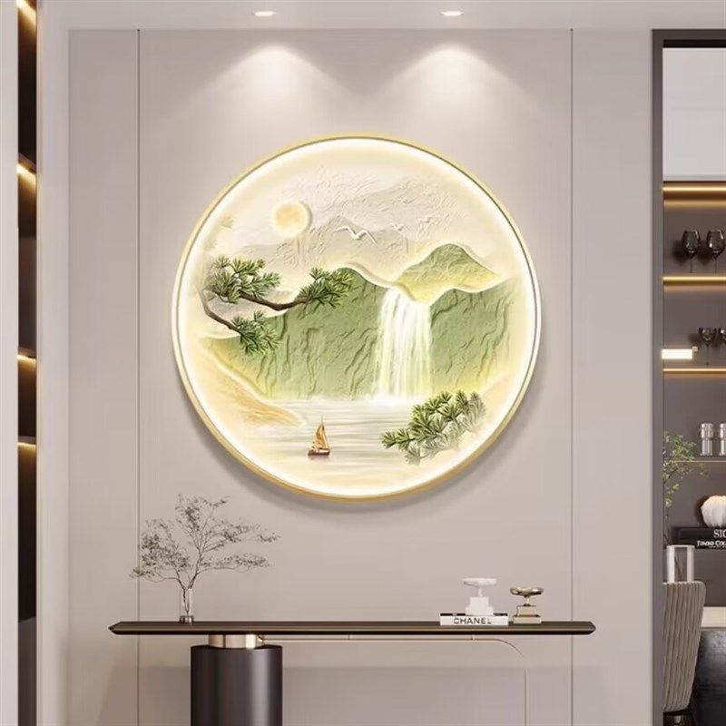 绿色奶油风流水生财玄关装饰画led壁灯山水画客厅挂画圆形餐厅画