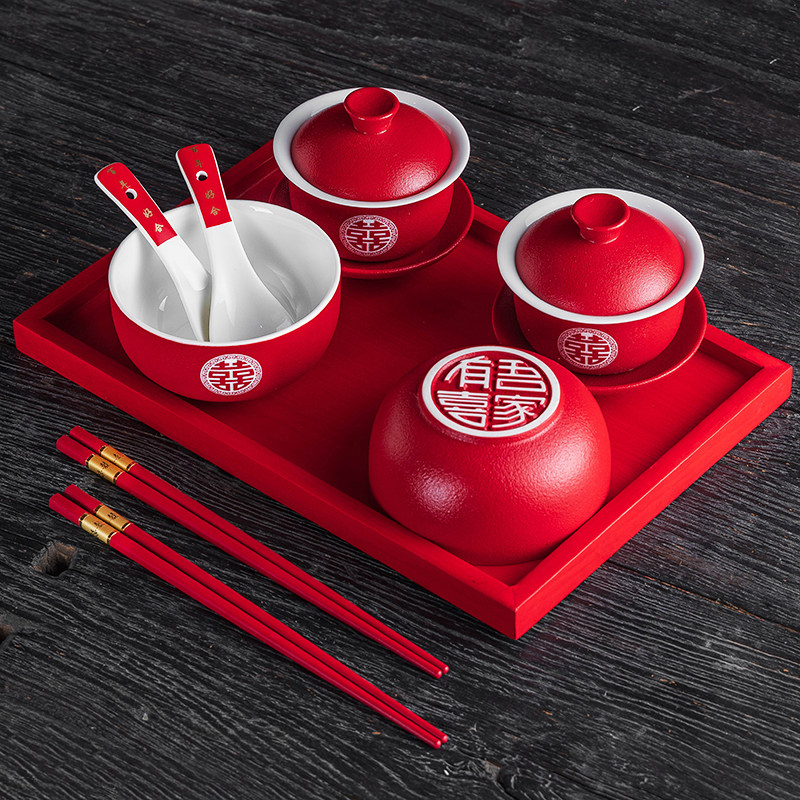 结婚喜碗筷勺套装改口敬茶杯盖碗婚庆用品陪嫁红碗新婚夫妻对碗,节庆用品/礼品,喜碗/敬茶杯,淘宝优惠券,粉丝福利购,淘宝优惠卷