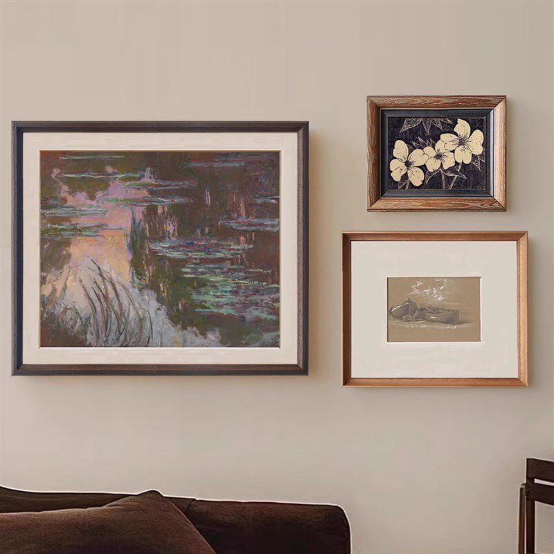 紫色睡莲 中古侘寂客厅装饰画复古法式花卉风景餐厅卧室挂画