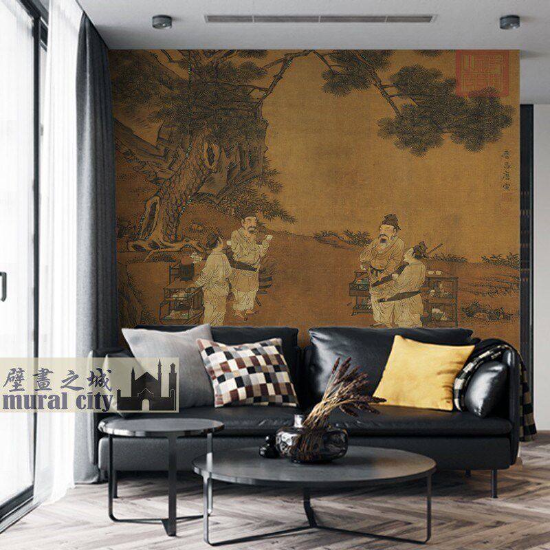 古代斗茶图品茶壁纸古人喝茶古画墙布画茶馆茶室墙纸中式背景画布