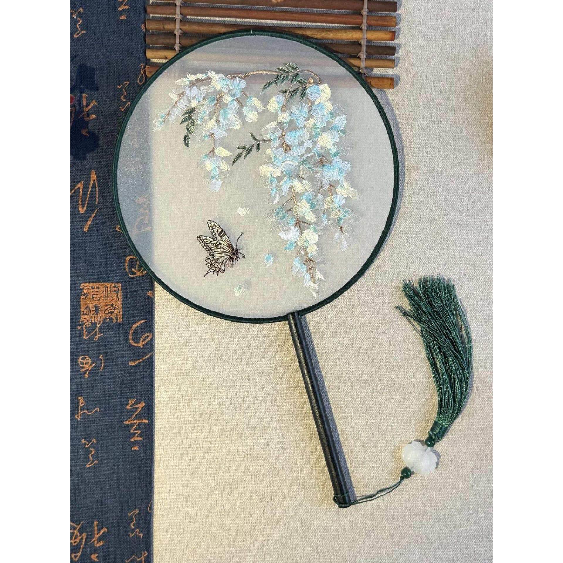 双面团扇古风中国风女式长柄流苏汉服旗袍跳舞蹈扇幼儿夏圆形扇子