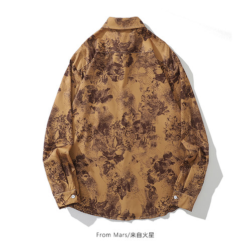 From Mars蛛丝马迹不放过 国潮复古旧迹满印做旧黄色翻领长袖衬衫
