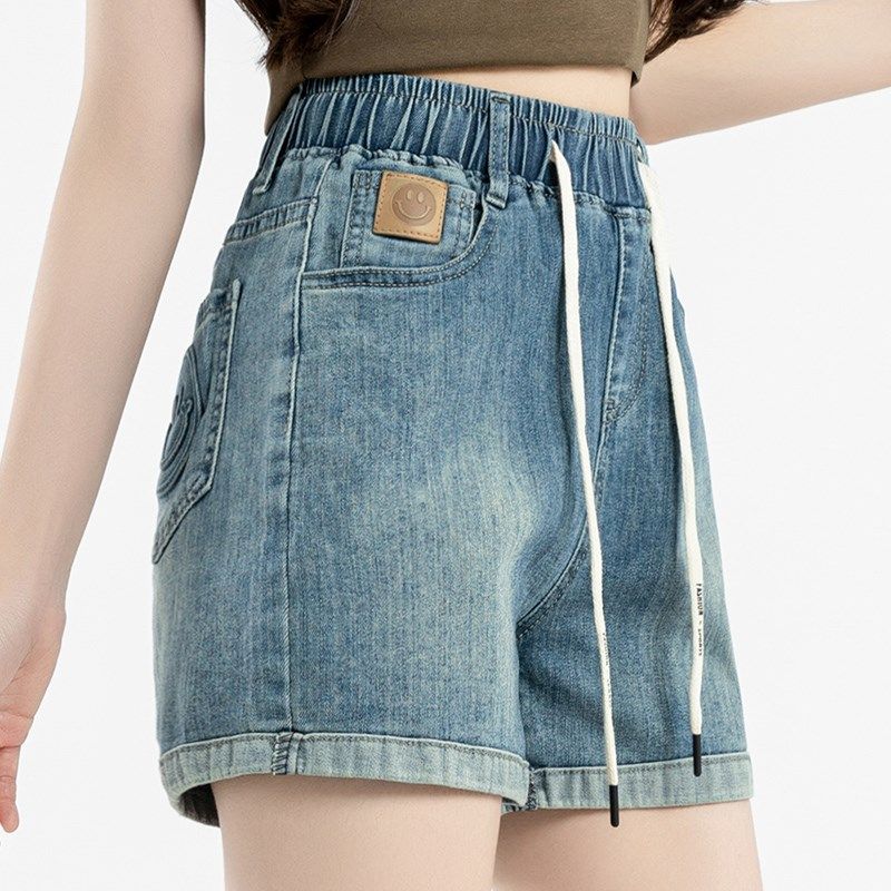 松紧腰弹力牛仔短裤女夏季薄款卷边宽松阔腿A字小个子学生休闲裤