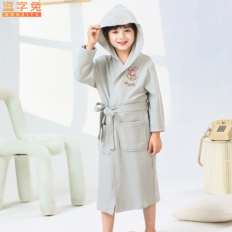 新款儿童浴袍春夏季纯棉薄款中大童睡衣超强吸水男女童带帽家居服