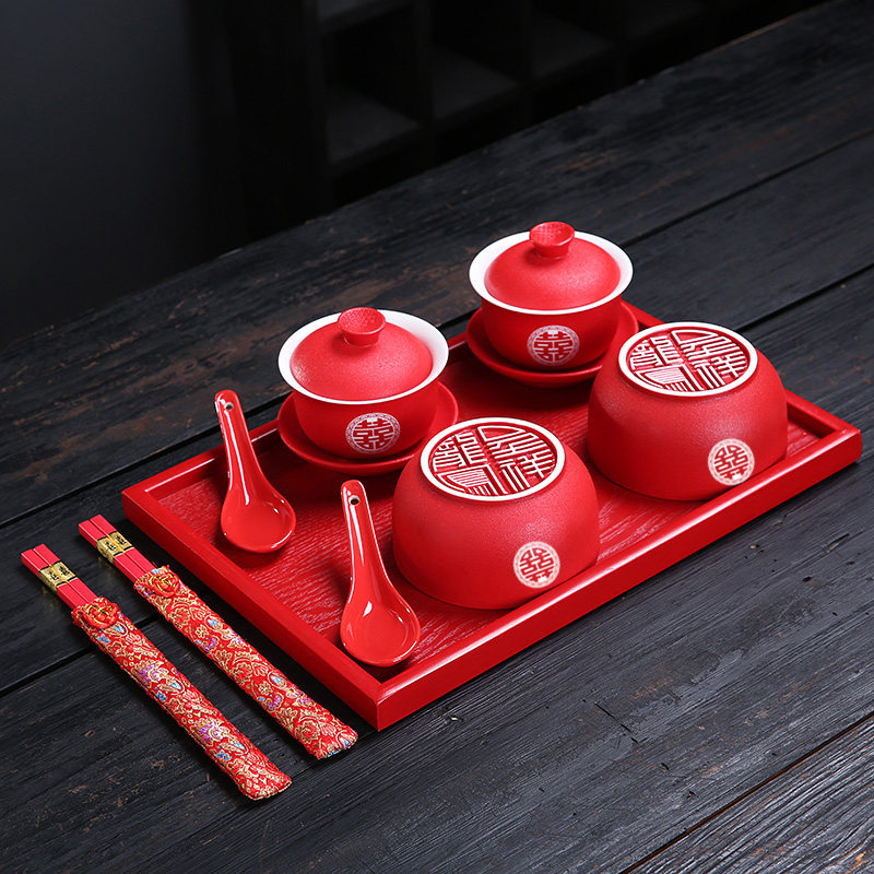 结婚喜碗筷勺套装改口敬茶杯盖碗龙凤陪嫁夫妻对碗新婚新人红碗,节庆用品/礼品,喜碗/敬茶杯,淘宝优惠券,粉丝福利购,淘宝优惠卷