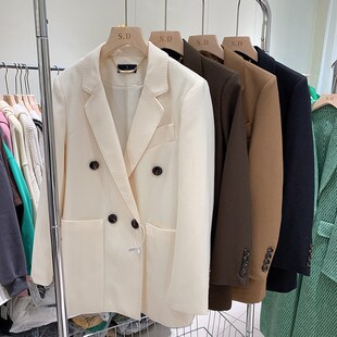 2024秋新款休闲高级感小个子西服白色斜纹小西装外套宽松双排扣女