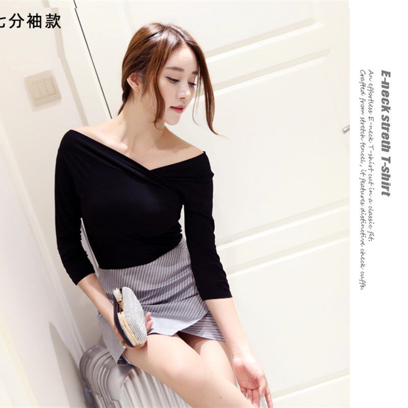春夏黑色一字领斜肩T恤交叉露肩紧身V领上衣女修身显瘦学生打底衫